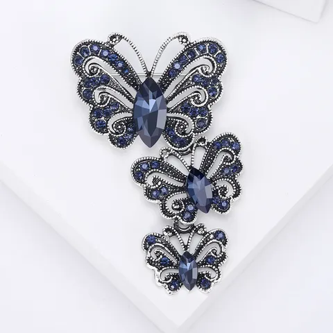 Broche de Aleación de Tres Mariposas con Diamantes de Imitación Vintage para Mujer Pin de Insecto de Cristal para Abrigo Vestido Joyería de Moda Regalo
