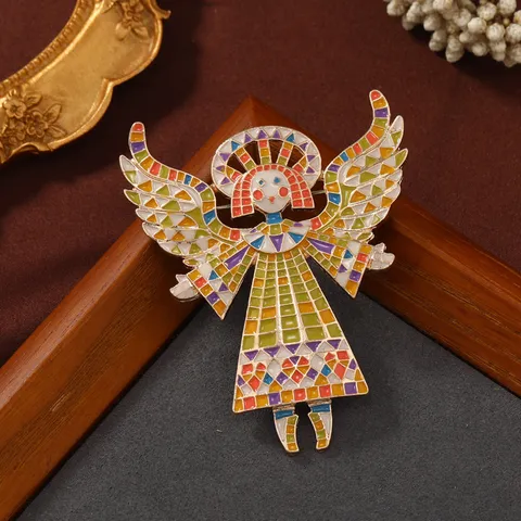 Vintage Alloy Painted Angel Girl Wings Brooch Pin For Women Men Creative Mosaic Enamel Badge Retro Art Brooches Decoration Jewelry Gift