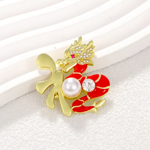 Chinese Style Zodiac Dragon Brooch Vintage Gold Plated Red Enamel Fu Character Pin Rhinestone Artificial Pearl Ethnic Jewelry