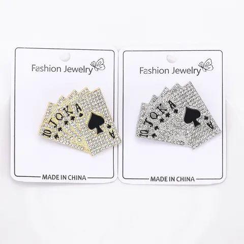 Broche Hip Hop Cartes à Jouer Quinte Flush Royale Alliage Strass Pique Épingle de Revers pour Costume Bijoux Homme Femme