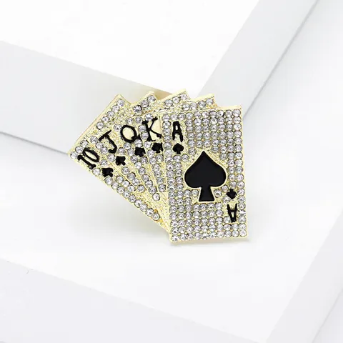 Broche Hip Hop Cartes à Jouer Quinte Flush Royale Alliage Strass Pique Épingle de Revers pour Costume Bijoux Homme Femme