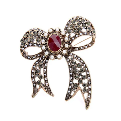 Vintage Hollow Bow Brooch For Women Alloy Antique Gold Rhinestone Artificial Pearl Red Gemstone Brooch Pin Jewelry Accessory