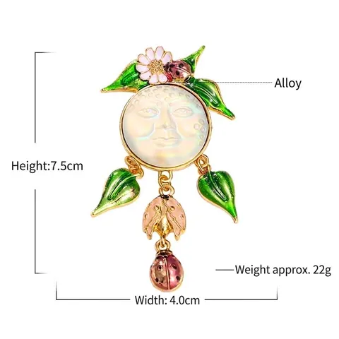Broche Vintage en Émail avec Coccinelle et Fleur à Gland pour Femmes Broche Pendante en Alliage de Zinc avec Visage Souriant Lune et Feuille