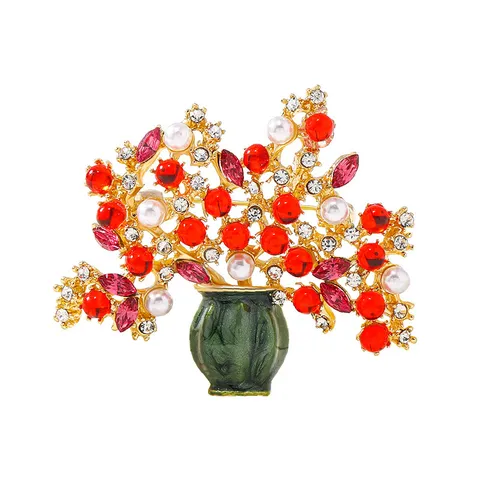 Vintage Flower Vase Brooch For Women Elegant Alloy Rhinestone Artificial Pearl Pin For Suit Coat Clothing Accessories
