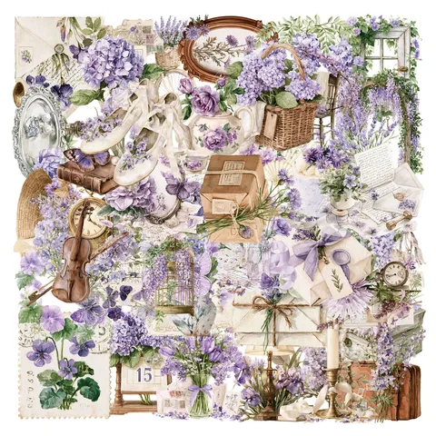Adesivi PET Floreali Viola Vintage Francesi Decalcomanie Scrapbooking Trasparenti Impermeabili Per Diario Laptop Planner Decorazione DIY