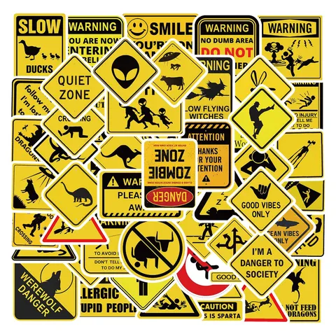 Funny Warning Signs Stickers PVC Waterproof Stickers 53 Pieces Pack For Laptop Luggage Guitar Skateboard DIY Decorative Decals