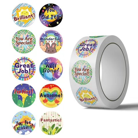 Round Cartoon Reward Stickers For Kids Motivational Quotes Labels For Students Teachers Scrapbooking DIY Decoration