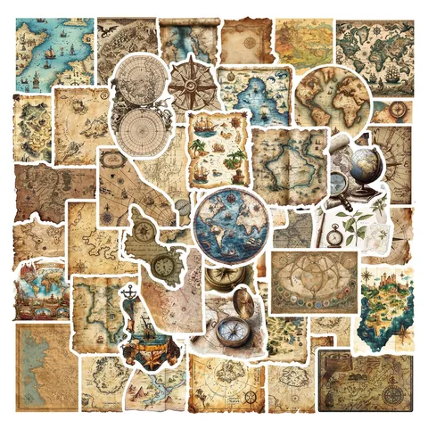 Vintage World Map Stickers Retro Nautical Compass Elements Waterproof PVC Decals For DIY Scrapbook Luggage Laptop Journal