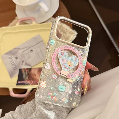Dopamine Cartoon Embossed Phone Case With Glitter Magnetic Heart Stand For iPhone 16 17 18 Pro Max Transparent Shockproof Cover