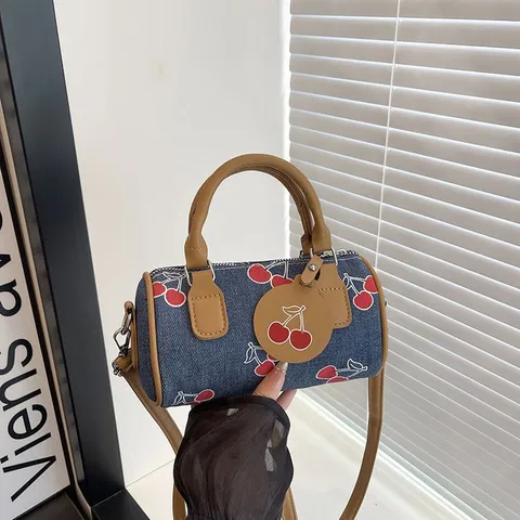 Women Denim Canvas Cylinder Bag Cute Bow Cherry Print Small Boston Shoulder Crossbody Bag Fashion 2026 Retro Casual Handbag