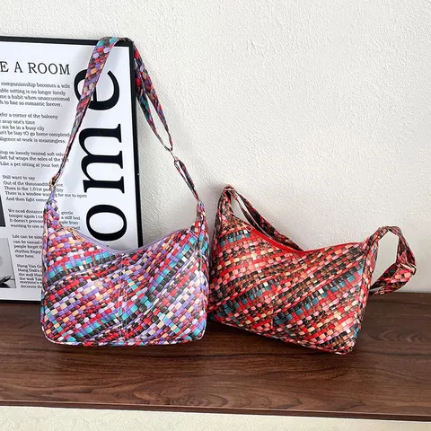 Sac à Bandoulière Vintage Tissé à la Main en Cuir PU Patchwork Coloré pour Femmes Grande Capacité Hobo Sac à Main Style Bohémien