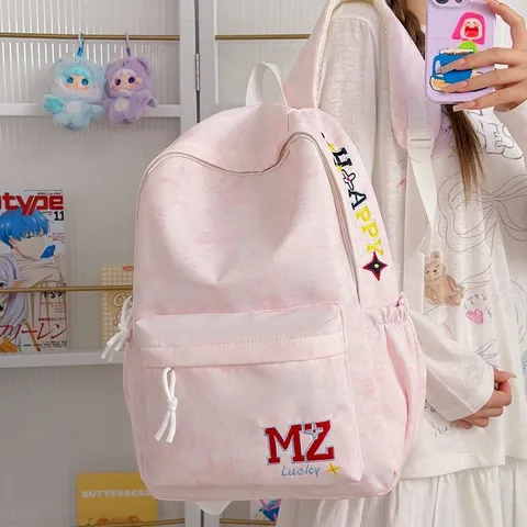 Sac à Dos Scolaire de Style Coréen Couleur Unie Broderie de Lettres Grande Capacité Sac à Dos pour École Campus Voyage Extérieur Unisexe en Nylon