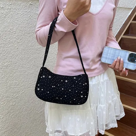 Bolso de Axila de Nailon con Estampado de Estrellas Dulce para Mujer Bolso de Hombro Fresco para el Día a Día Bolso de Mano Ligero Versátil