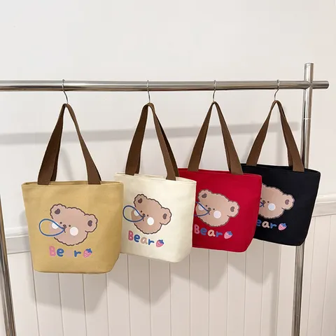 Bolso Tote de Lona de Gran Capacidad para Mujer Estampado de Lazo y Oso Minimalista Bolso de Mano Casual Regalo