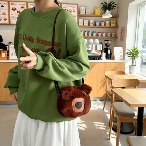 Winter New Plush Bear Shoulder Bag Cute Cartoon Small Crossbody Bag For Women Teen Girls Soft Furry Animal Shape Purse