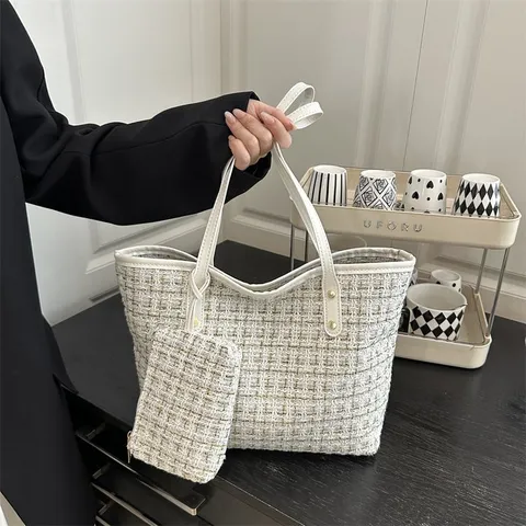 Dames Grote Capaciteit Wollen Plaid Tote Bag 2025 Mode Tweed Schoudertas Herfst Winter Woon-werkverkeer Handtas Met Mini Tasje