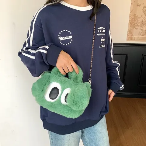 Lindo Bolso de Mano de Peluche con Ojos Grandes de Dibujos Animados para Mujer Bolso Bandolera de Piel Sintética Suave para Estudiantes Otoño Invierno con Cadena Dorada