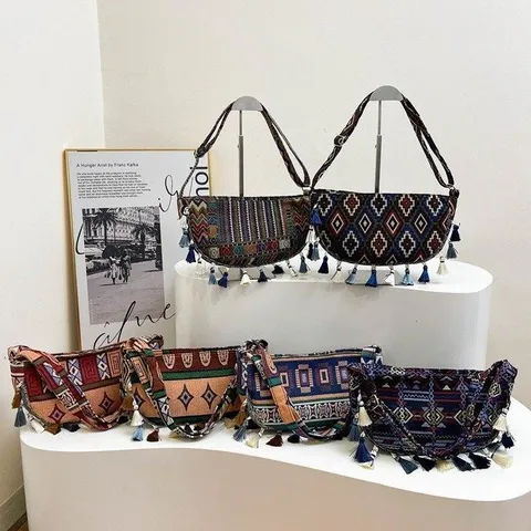 Bolso de Hombro de Lona Tejido Retro Étnico para Mujer Patrón Geométrico Bohemio Bolso Bandolera Con Borlas Gran Capacidad