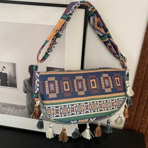 Bolso de Hombro de Lona Tejido Retro Étnico para Mujer Patrón Geométrico Bohemio Bolso Bandolera Con Borlas Gran Capacidad