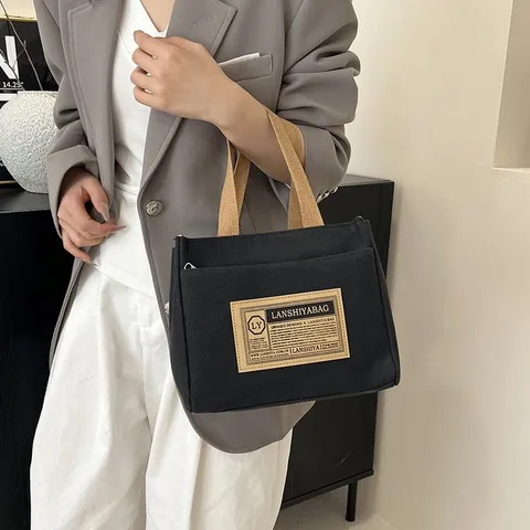 Sac à Main en Toile Minimaliste Japonais pour Femmes Décontracté Fermeture Éclair Petit Sac Tote pour Bureau Déplacement Sac Déjeuner