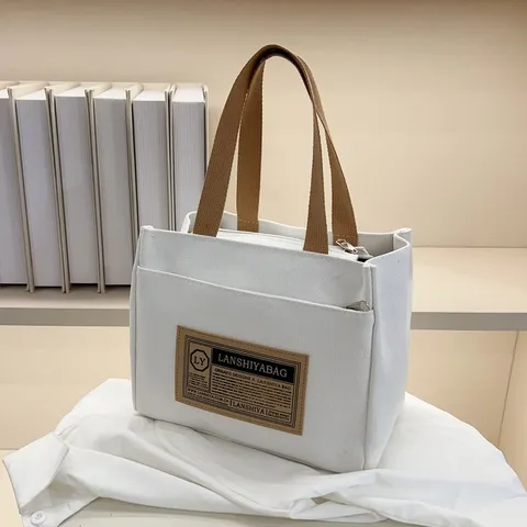 Sac à Main en Toile Minimaliste Japonais pour Femmes Décontracté Fermeture Éclair Petit Sac Tote pour Bureau Déplacement Sac Déjeuner