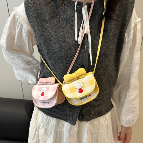 Minibolso de Bandolera a Cuadros para Mujer con Estampado de Perro Animado de Cuero PU con Lazo Moda Bolso Cuadrado Pequeño