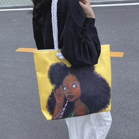 Bolso Tote de Lona para Mujer Estampado de Chica Negra Gran Capacidad Bolso de Hombro Con Asa de Cuerda Gruesa Casual