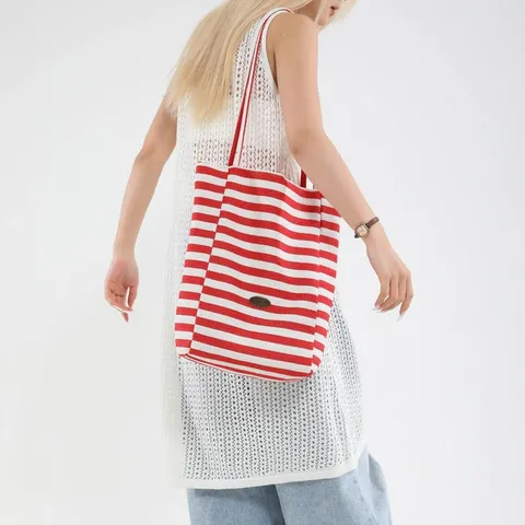 Bolso Tote de Lona a Rayas para Mujer Gran Capacidad Bolso de Hombro Casual Impresión de Letras Bolsa de Compras de Tela Reutilizable