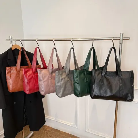 2025 Nuevo Bolso Tote para Mujer de Gran Capacidad Bolso de Hombro de Cuero PU Minimalista Bolso de Mano Casual Color Sólido Bolso de Moda