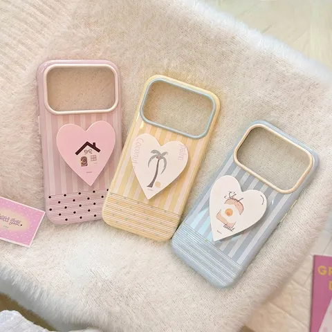 Coque Artistique iPhone 18 17 Pro Max Avec Support Coeur Style Ins Rayures Pois Antichoc Souple TPU Coque de Protection