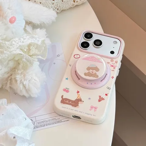 Custodia Magnetica per iPhone con Cucciolo e Supporto Pop Socket Bianco Pera TPU Anti-caduta Cover Protettiva Grafica