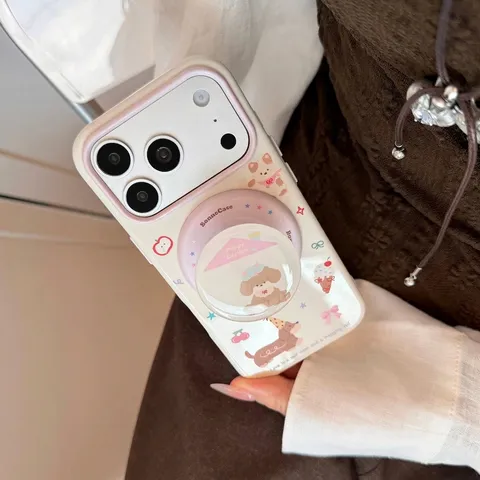 Custodia Magnetica per iPhone con Cucciolo e Supporto Pop Socket Bianco Pera TPU Anti-caduta Cover Protettiva Grafica