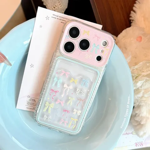 Kawaii Klar TPU Handyhülle Mit Kartensteckplatz Für iPhone 16 15 14 13 Pro Max Buntes Band Schleife Muster Gemalt Soft Cover