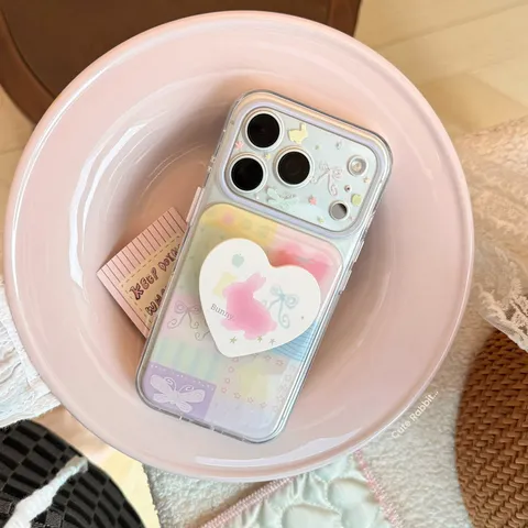 Custodia per Telefono con Supporto a Cuore di Coniglio da Sogno per IPhone Stile Adesivo Epossidico Trasparente Custodia Morbida