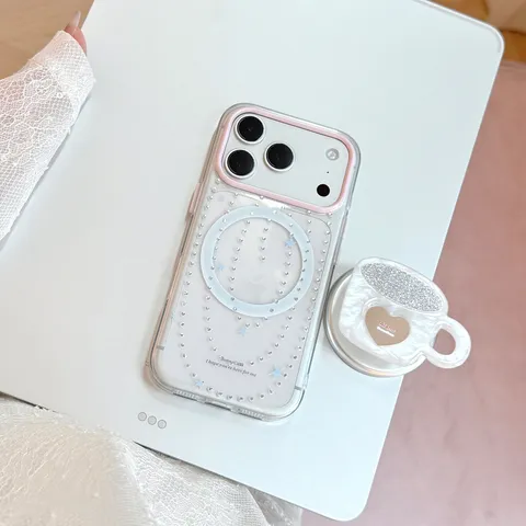 Μαγνητική Διαφανής Θήκη TPU Για iPhone 17 16 15 Pro Max Βάση Καθρέφτη Φλιτζάνι Καφέ Στρας Επιχρυσωμένο Προστατευτικό Κάλυμμα