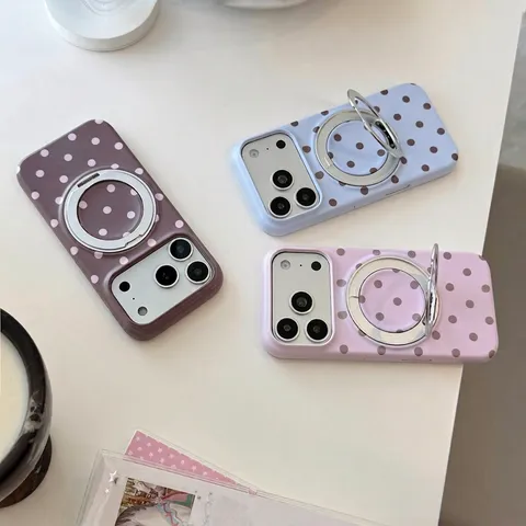 Coque de Téléphone à Support Magnétique Rétro à Pois Pour iPhone 18 17 16 15 Pro Max PC Film Dur Antichoc BonneCase Support Bague Magnétique