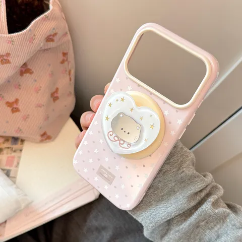 Coque Magnétique Miroir de Coeur de Chat pour iPhone 16 15 Pro Max Motif Étoiles Coque Antichoc en TPU Avec Support Pliable pour Femmes