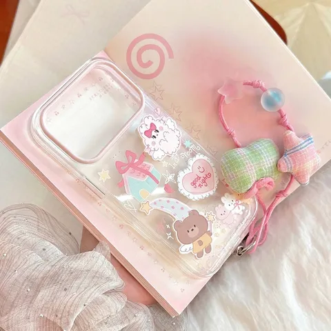 Cartoon 3D Magic Rabbit Bear Transparent Phone Case For iPhone 18 17 16 Pro Max Cute Shockproof TPU Soft Cover With Lanyard