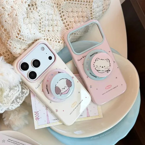 Coque de Téléphone à Support Magnétique Mignon Chiot Chaton Pour IPhone 18 17 16 15 14 13 Pro Max TPU Coque de Protection