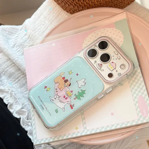 Cartoon Forest Picnic Cat Dog Phone Case For iPhone 17 16 15 14 Pro Max Epoxy Soft TPU Back Cover With Cherry Bead Chain