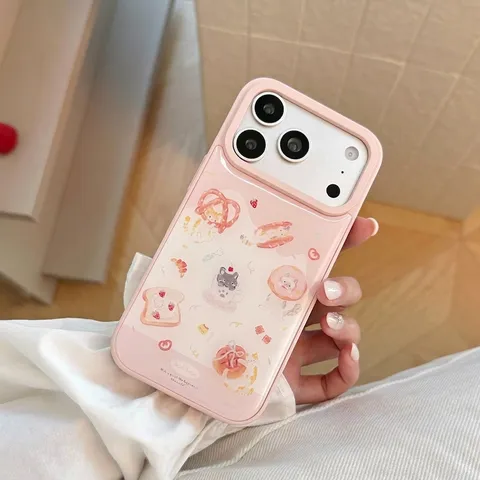 Cute Cartoon Cat Strawberry Bread Phone Case For iPhone 17 16 15 Pro Max Pink Epoxy Hard PC Anti-fall Protective Cover Case