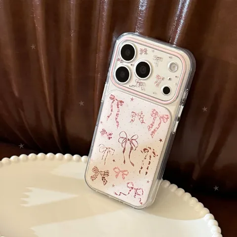 Korean Girly Pink Leopard Bowknot Transparent Phone Case For iPhone 17 16 15 14 Pro Max Star Pattern Shockproof Clear TPU Acrylic Back Cover