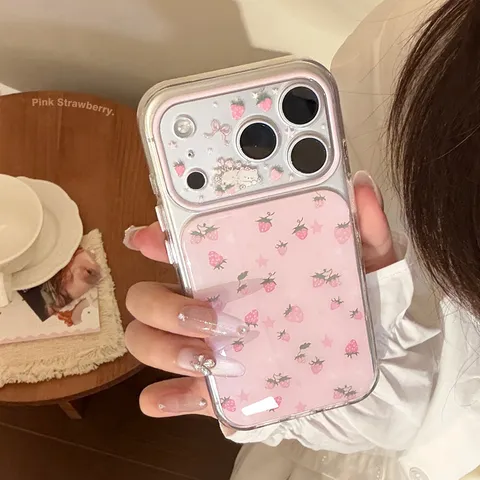 Niedliche Rosa Erdbeere Katze iPhone Hülle Klar TPU PC All-Inclusive Soft Schutzhülle Für Damen Mädchen INS Stil Bemalt Case