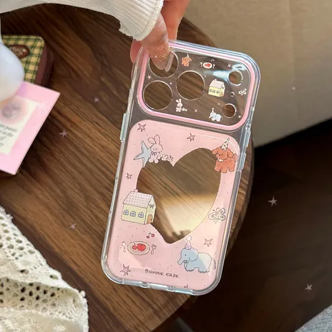 Cute Cartoon Animal Party Phone Case Transparent Pink Heart Mirror Protective Cover For iPhone Series Women Girly Painted Shell