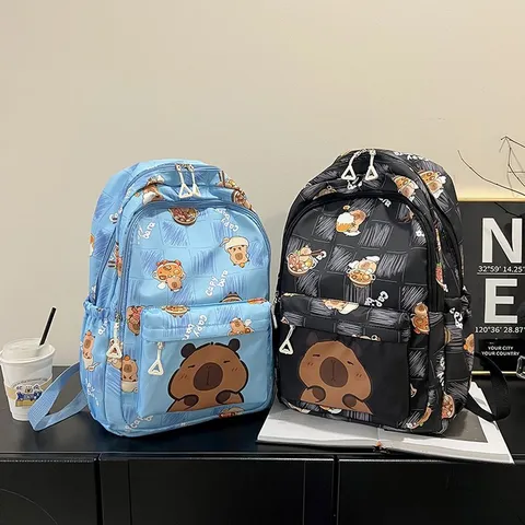 Zaino Scolastico per Studenti con Stampa Capibara Cartoon Carino in Nylon Grande Capacità Zaino Impermeabile per Bambini Ragazzi Ragazze Casual