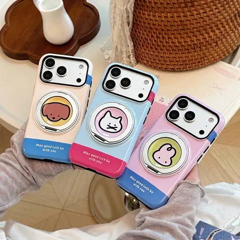 Schattige Cartoon Dier Magnetische Standaard Telefoonhoesje Voor iPhone 16 17 18 Pro Max Contrastkleur Schokbestendige Cover