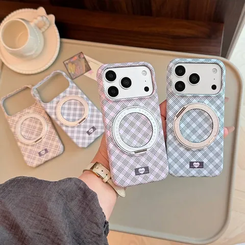 Coque de Téléphone Magnétique à Carreaux Avec Support Bague Rotatif à 360 Degrés Étui Rigide Géométrique Pour iPhone 15 16 17 18 Pro Max
