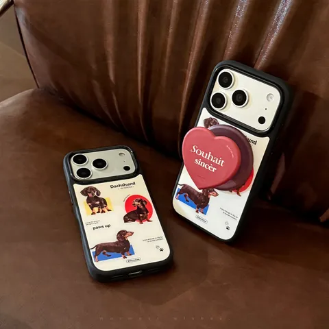 Coque de Téléphone Magnétique Illustration Teckel Avec Support Cœur Rouge Pour iPhone 17 16 15 14 Pro Max Plus Étui de Protection PC Rigide Accessoire Esthétique Rétro Français