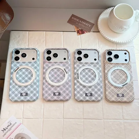 Coque de Téléphone Magnétique à Carreaux Avec Support Bague Rotatif à 360 Degrés Étui Rigide Géométrique Pour iPhone 15 16 17 18 Pro Max