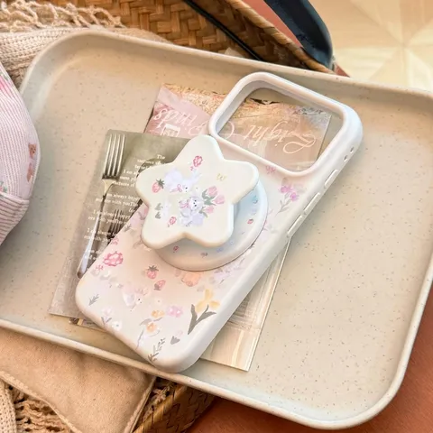 Funda Magnética para iPhone 18 17 16 15 Pro Max con Diseño de Conejo y Flores y Soporte de Estrella